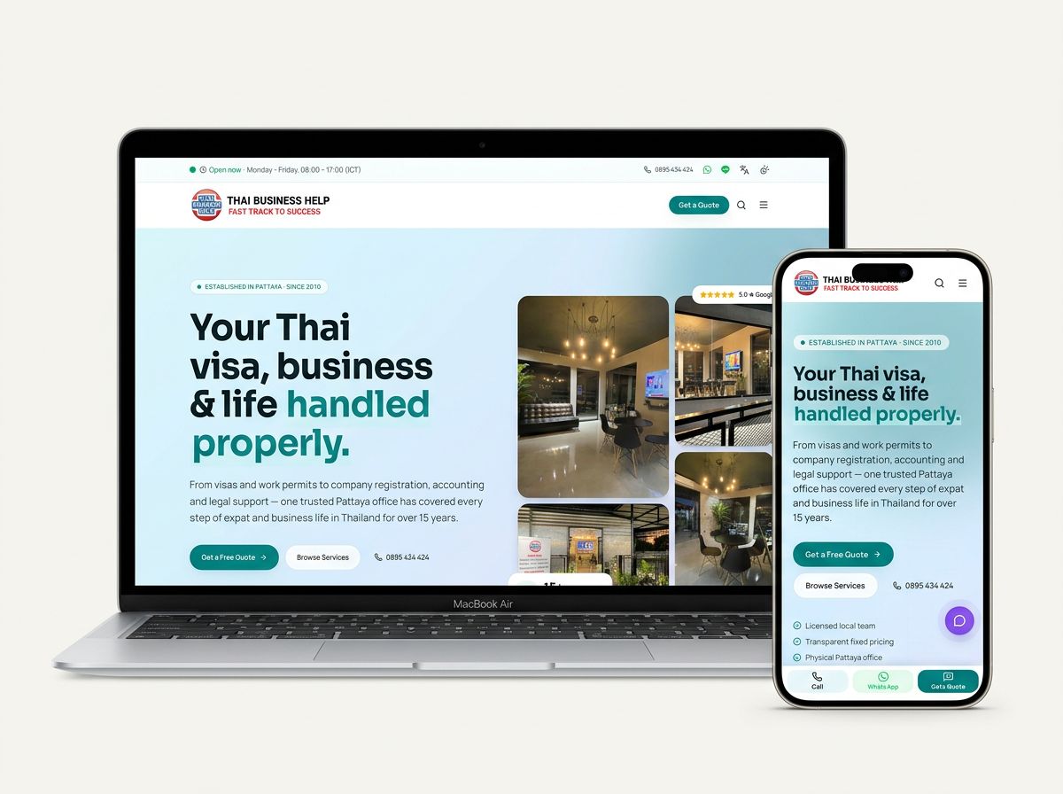 Live desktop and mobile screenshots of the Thai Business Help website shown side by side